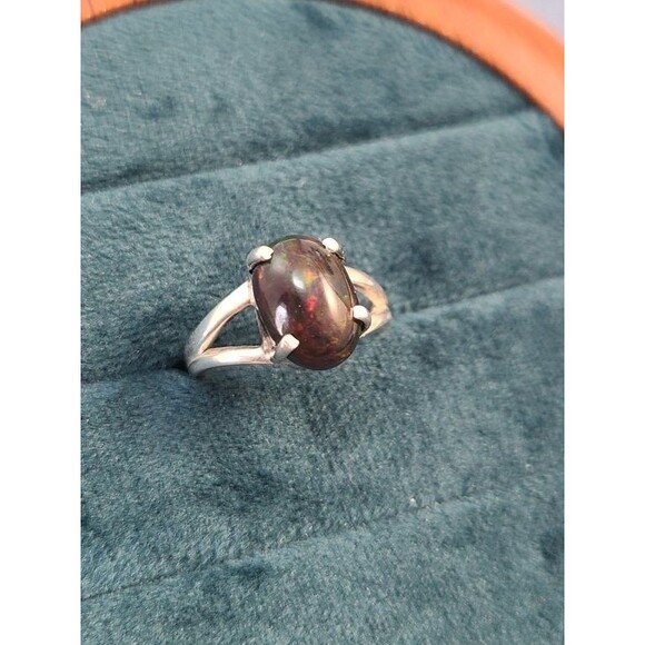 Sterling Silver Black Opal Ring Size 5.25 Prong Set Oval Gemstone Jewelry - Picture 2 of 12